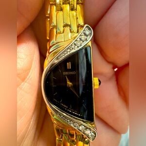 Seiko Half Moon 2E20Asymmetrical Black/Gold/Diamond Bezel Watch